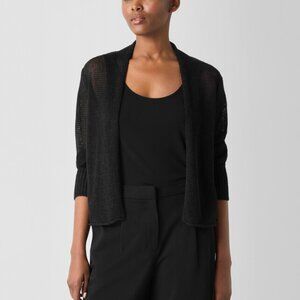 NWT Eileen Fisher Black Organic Linen Cotton Airy Tuck Cropped Cardigan